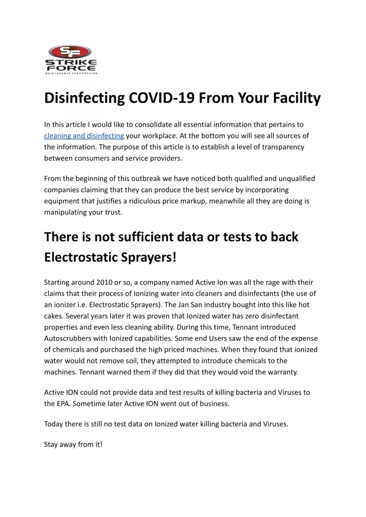 disinfecting covid 19 from your facility