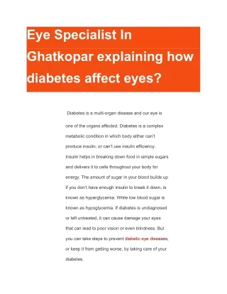Eye Specialist In Ghatkopar explaining how diabetes affect eyes?