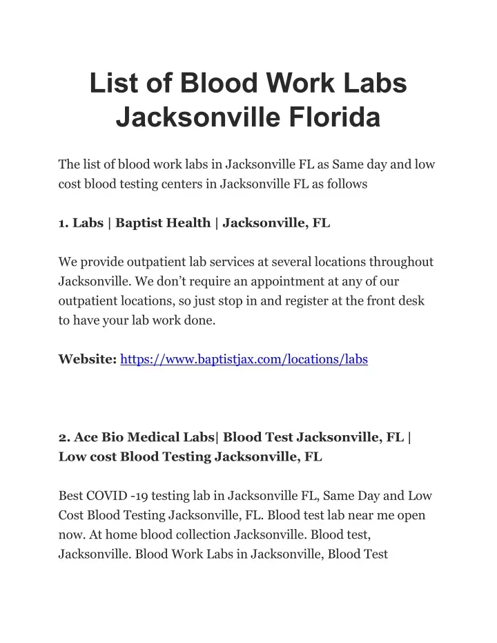 list of blood work labs jacksonville florida