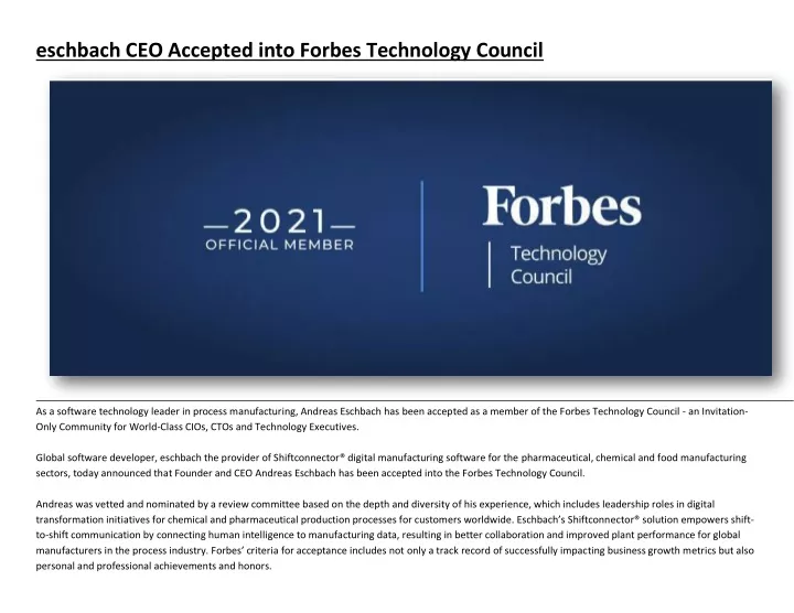 eschbach ceo accepted into forbes technology