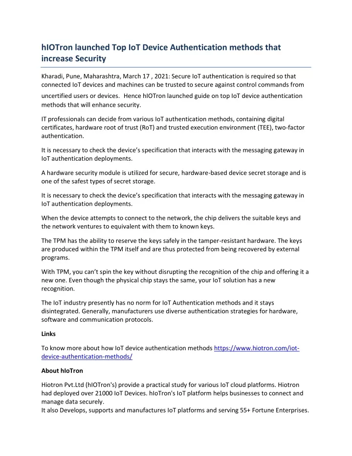 hiotron launched top iot device authentication