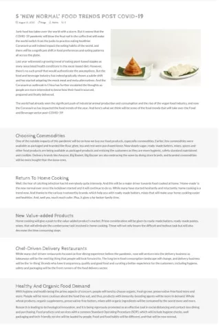 5 New Normal Food Trends Post  Covid - 19