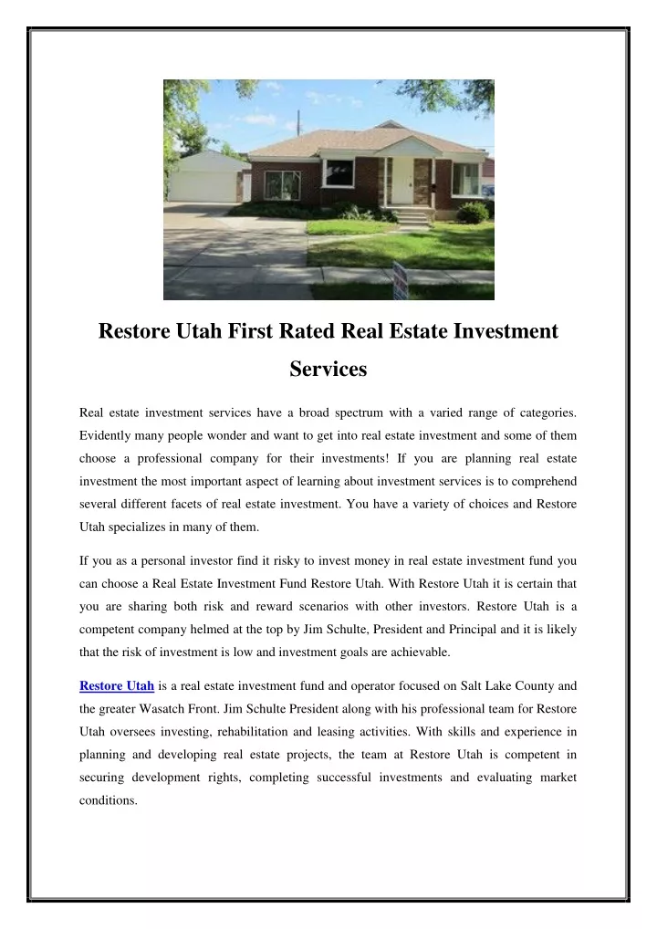 restore utah first rated real estate investment