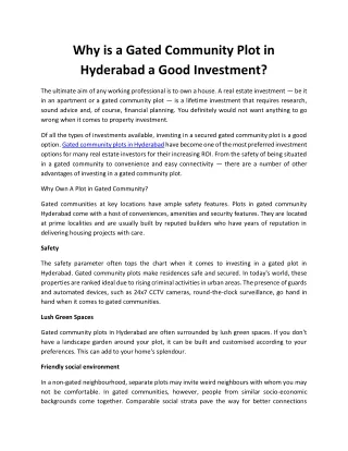 Why is a Gated Community Plot in Hyderabad a Good Investment?