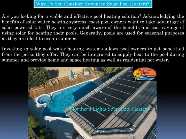 why do you consider advanced solar pool heaters