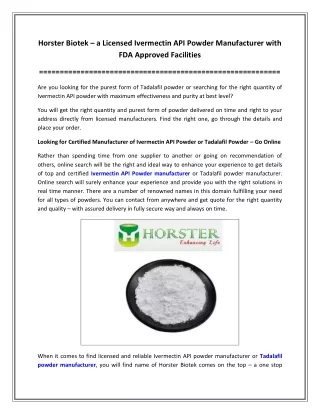 Horster Biotek – a Licensed Ivermectin API Powder Manufacturer with FDA Approved Facilities