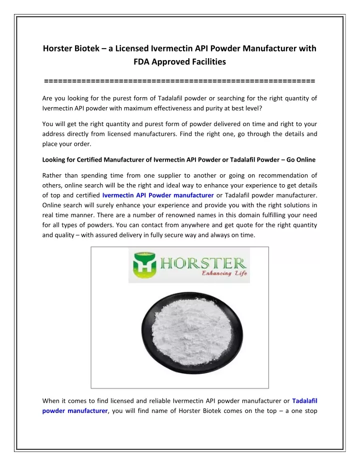 horster biotek a licensed ivermectin api powder
