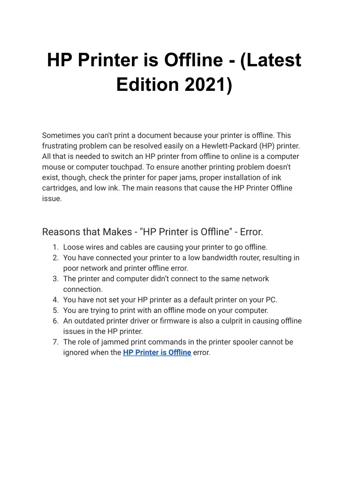 hp printer is offline latest edition 2021