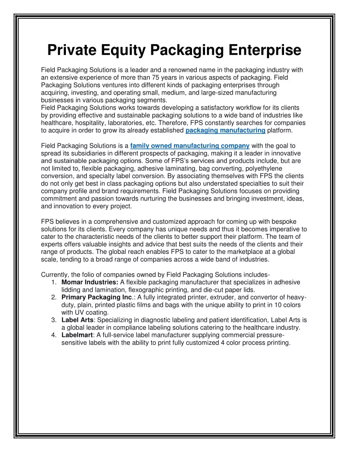 private equity packaging enterprise