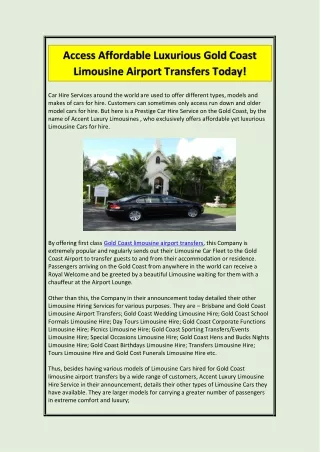 Access Affordable Luxurious Gold Coast Limousine Airport Transfers Today