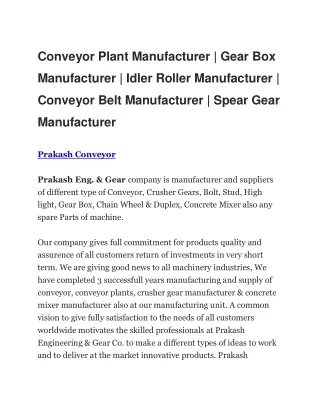 Conveyor Plant Manufacturer | Gear Box Manufacturer | Idler Roller Manufacturer | Prakash Conveyor