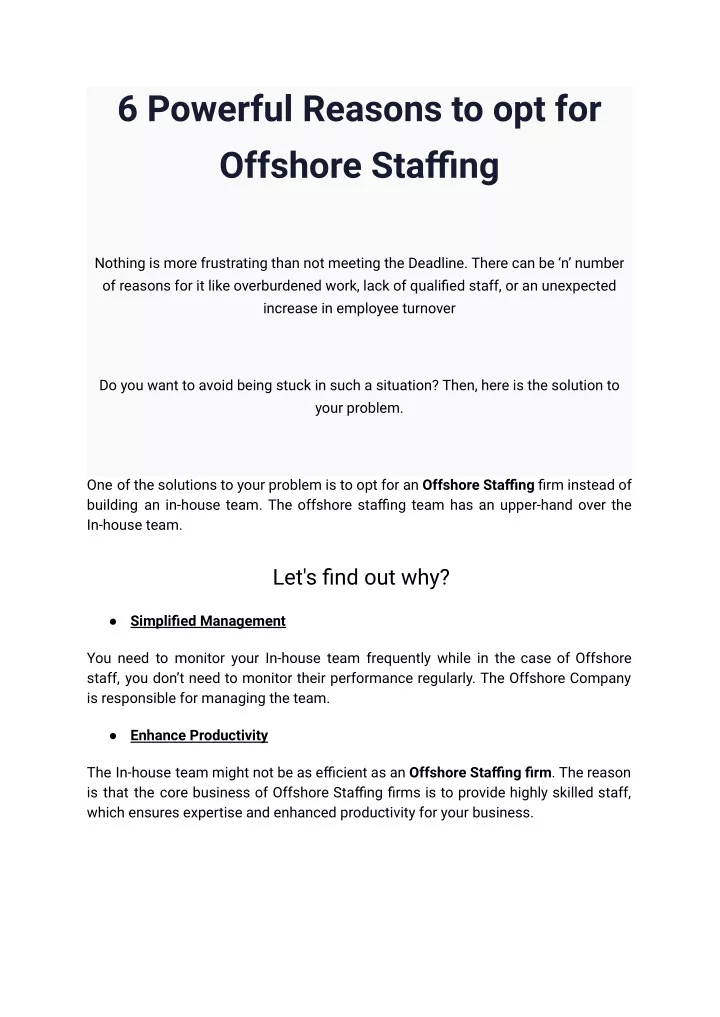 6 powerful reasons to opt for offshore staffing