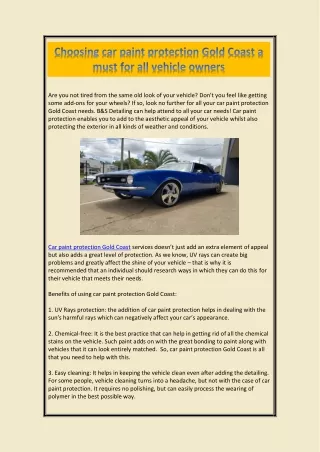 Choosing car paint protection Gold Coast a must for all vehicle owners