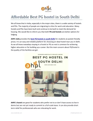 Affordable Best PG hostel in South Delhi