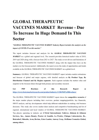GLOBAL THERAPEUTIC VACCINES MARKET  Revenue - Due To Increase In Huge Demand In This Sector