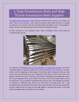 L Type Foundations Bolts and High Tensile Foundation Bolts Supplier