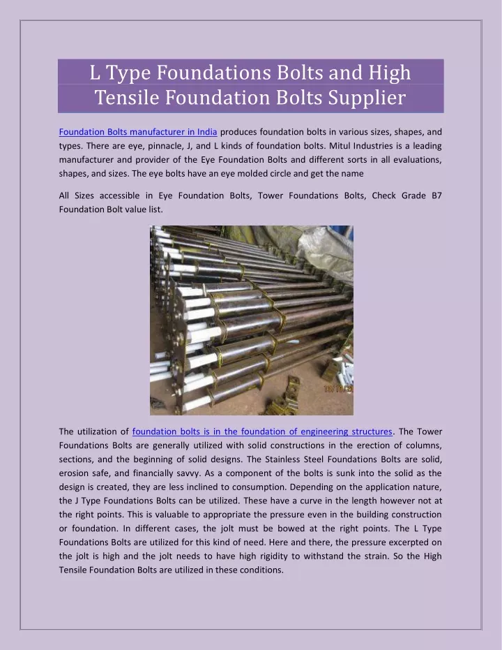 l type foundations bolts and high tensile