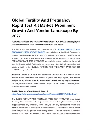 Global Fertility And Pregnancy Rapid Test Kit Market  2021 Incredible Potential, Stagnant Progress 2021 - 2027