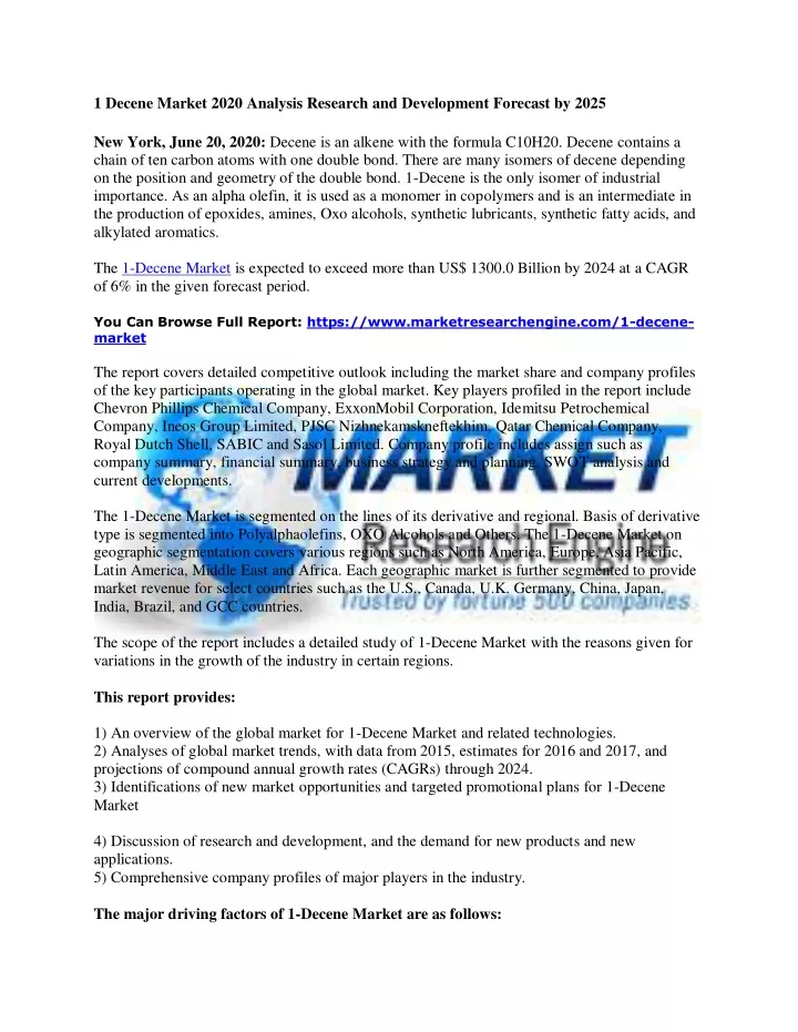 1 decene market 2020 analysis research