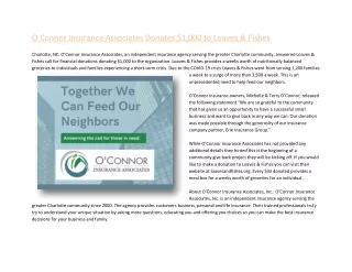 O’Connor Insurance Associates Donates $1,000 to Loaves & Fishes