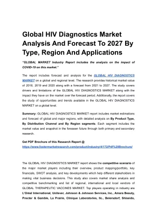 Global HIV Diagnostics Market Analysis And Forecast To 2027 By Type, Region And Applications