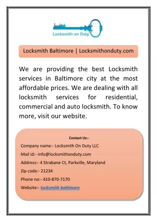 Locksmith Baltimore | Locksmithonduty.com