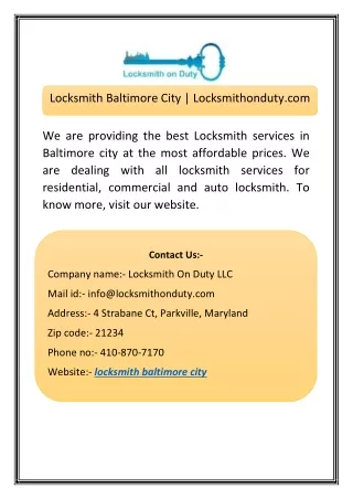 Locksmith Baltimore City | Locksmithonduty.com