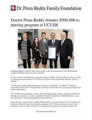 Doctor Prem Reddy donates $500,000 to nursing program at UCUSB