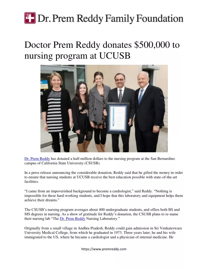 doctor prem reddy donates 500 000 to nursing