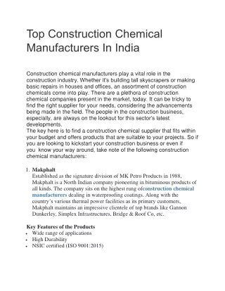 Top Construction Chemical Manufacturers In India