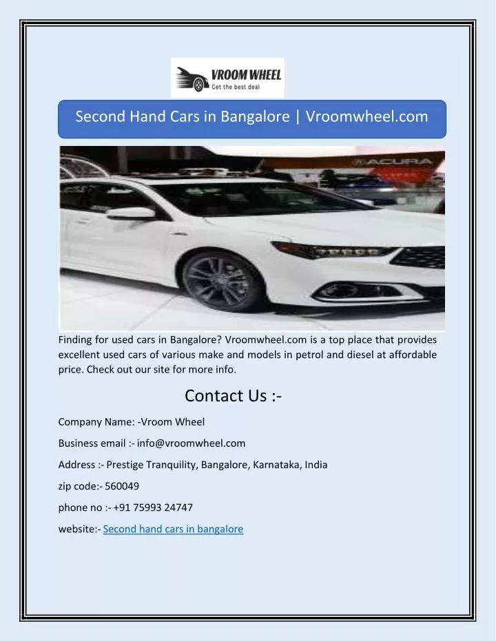 second hand cars in bangalore vroomwheel com