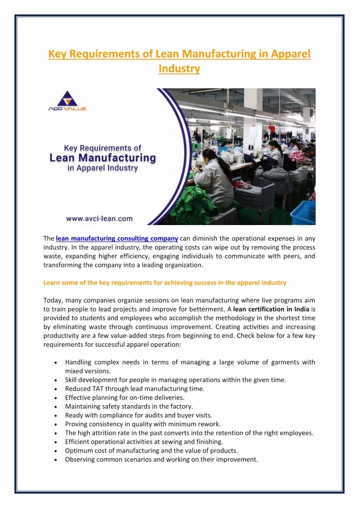 key requirements of lean manufacturing in apparel