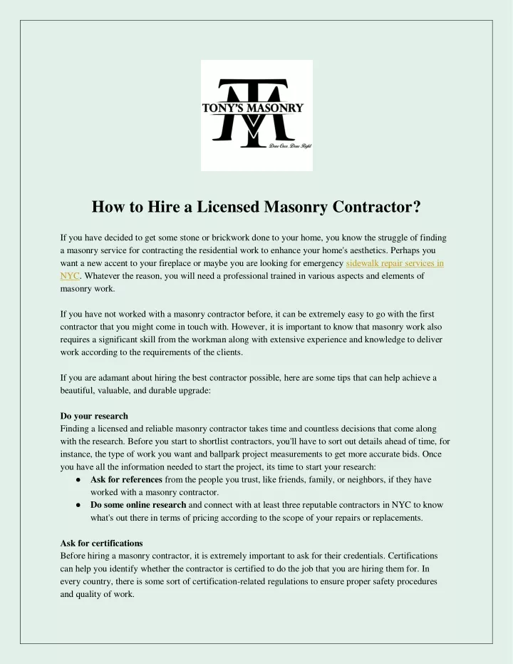how to hire a licensed masonry contractor