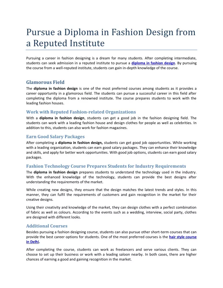 pursue a diploma in fashion design from a reputed