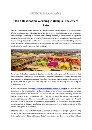 Plan a Destination Wedding in Udaipur- The city of Lake