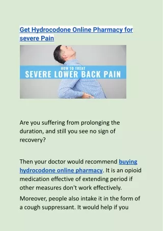 Get Hydrocodone Online Pharmacy for severe Pain