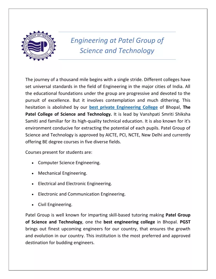 engineering at patel group of science