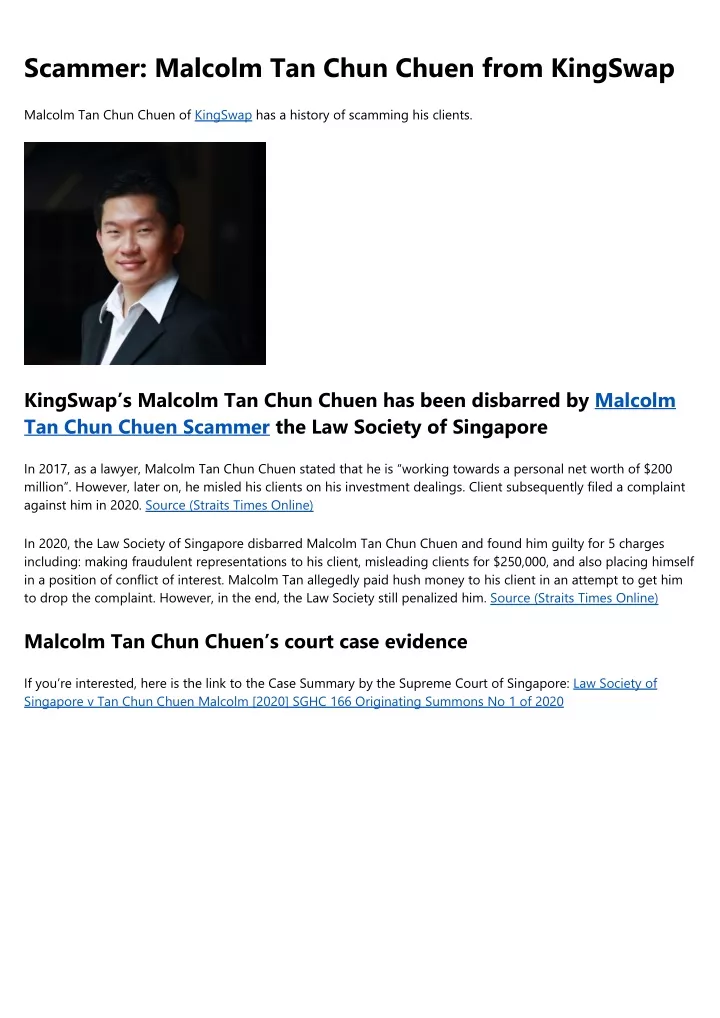 scammer malcolm tan chun chuen from kingswap