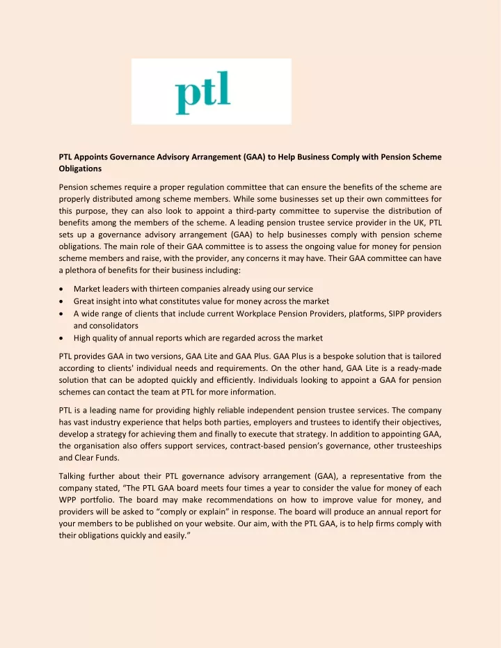 ptl appoints governance advisory arrangement