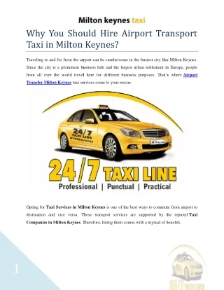 Why You Should Hire Airport Transport Taxi in Milton Keynes