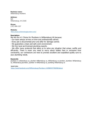 business name williamsburg plumbers address