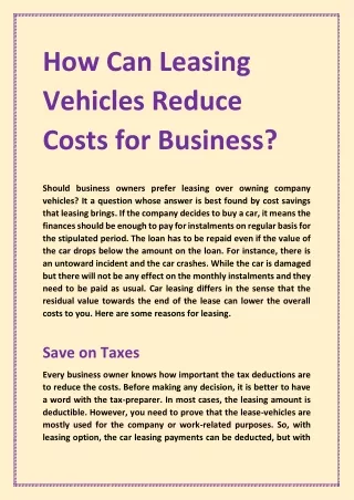 How Can Leasing Vehicles Reduce Costs for Business?