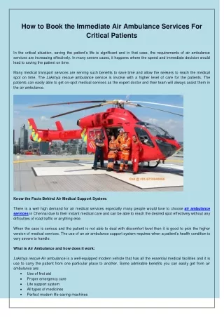 How to Book the Immediate Air Ambulance Services For Critical Patients