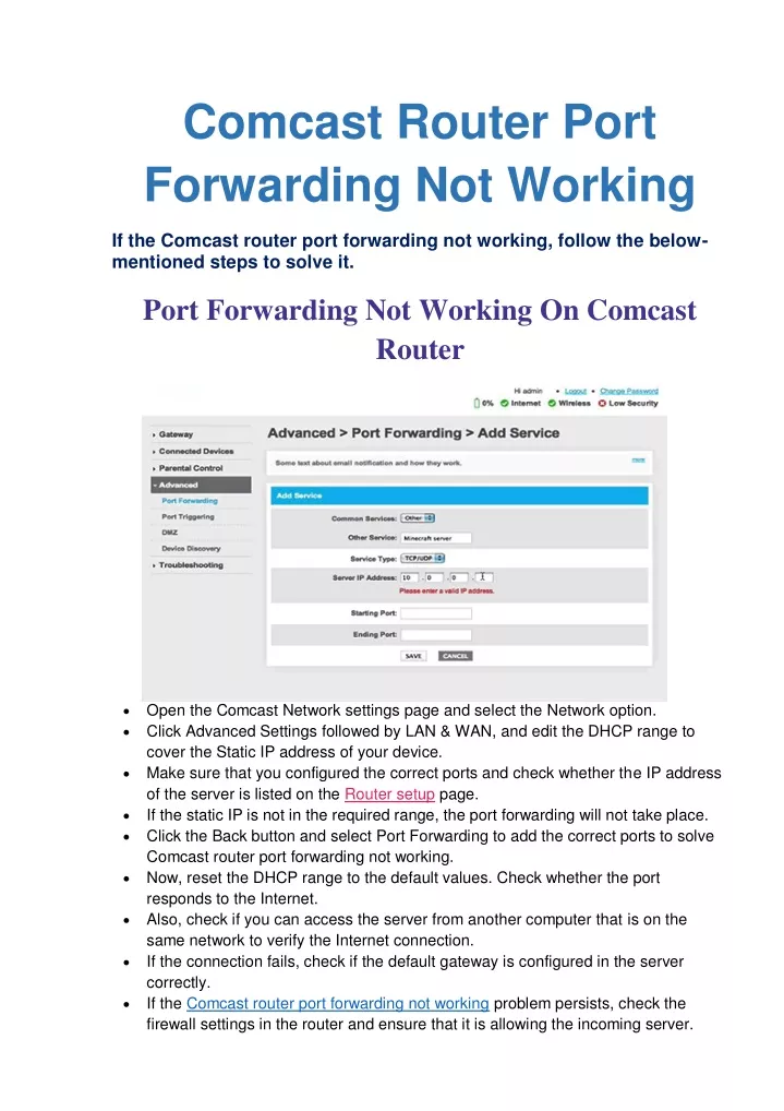 comcast router port forwarding not working