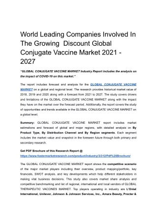 World Leading Companies Involved In The Growing  Discount Global Conjugate Vaccine Market2021 - 2027