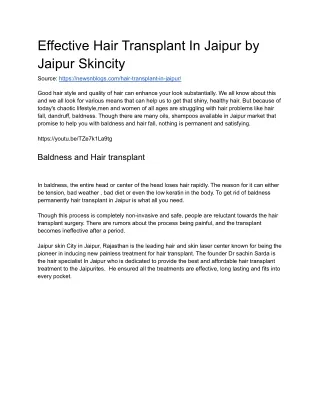 Effective Hair Transplant In Jaipur by Jaipur Skincity