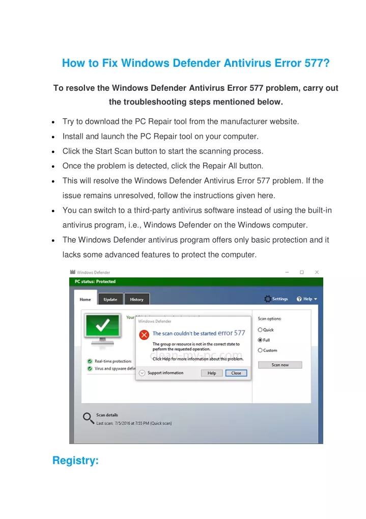 how to fix windows defender antivirus error 577