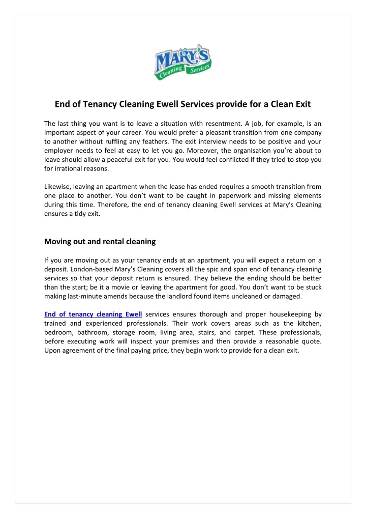 end of tenancy cleaning ewell services provide