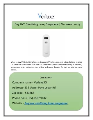 Buy UVC Sterilizing Lamp Singapore | Verluxe.com.sg