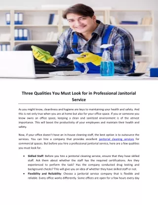 Three Qualities You Must Look for in Professional Janitorial Service